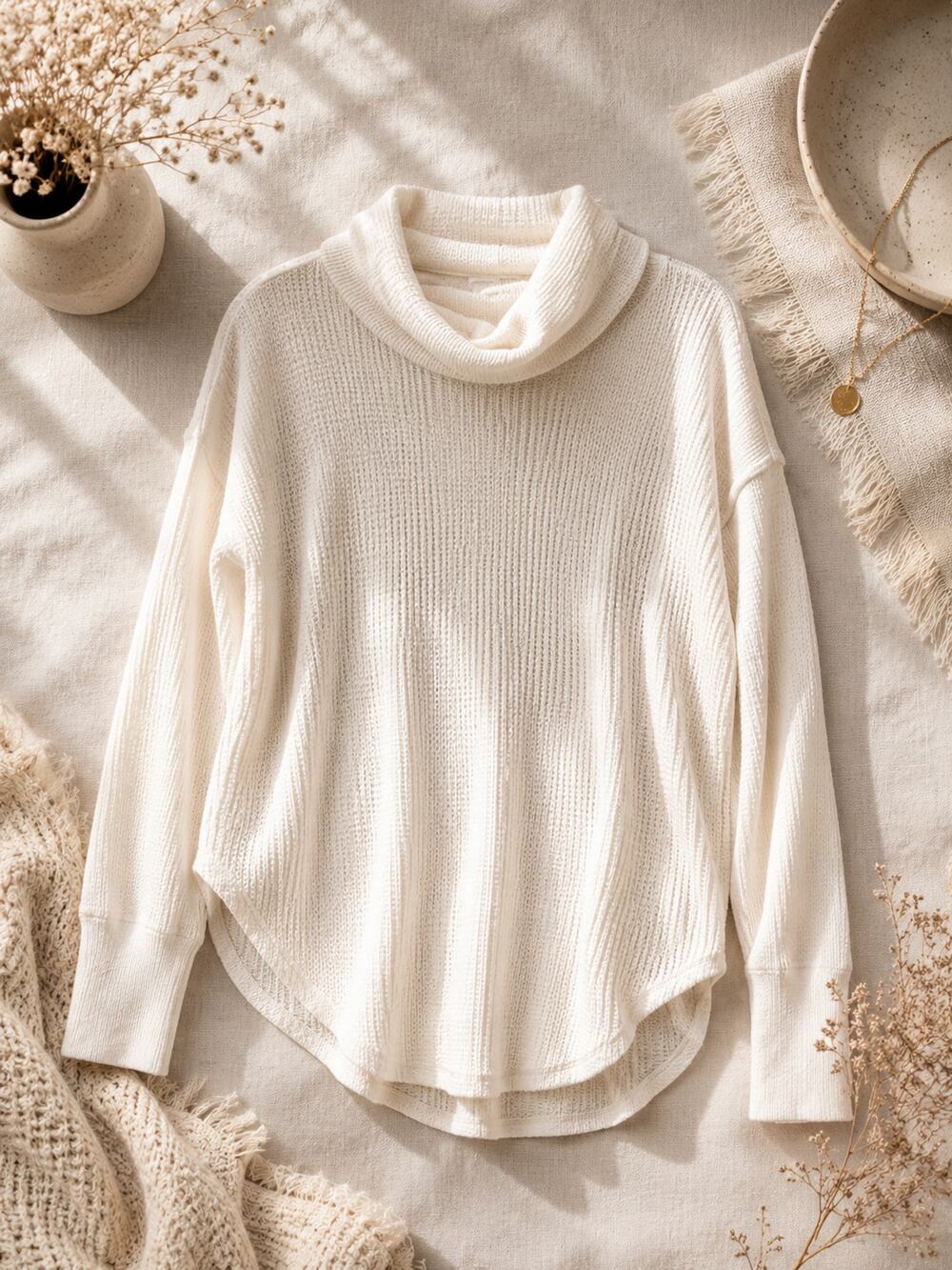 The Babaton Group Women's Waffle Knit Cowl Neck Long Sleeve Sweater Ivory Size L